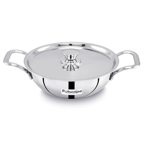 Potscape Triply Kadai with Lid 18 cm Capacity 1.3 Ltr Less Food Burns