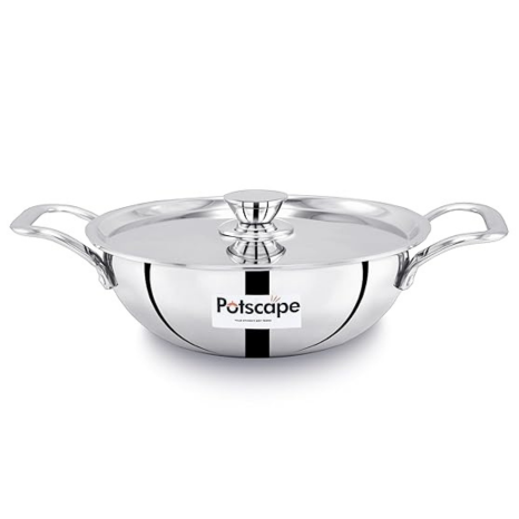 Potscape Triply Kadai with Lid 18 cm Capacity 1.3 Ltr Less Food Burns