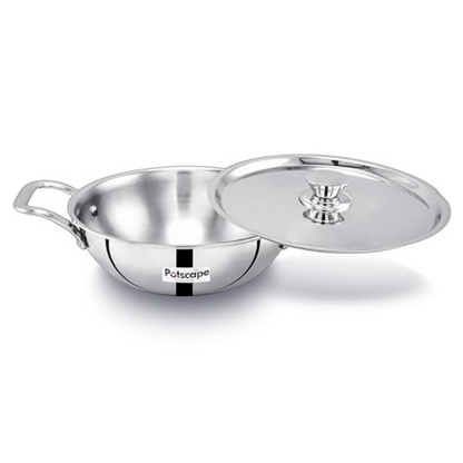Potscape Triply Kadai with Lid 18 cm Capacity 1.3 Ltr Less Food Burns