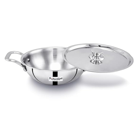 Potscape Essential Stainless Steel Kadai with Lid 20 cm Capacity 1.7 Ltr 22 Gauge