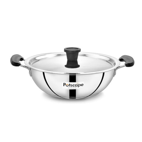 Potscape Essential Stainless Steel Kadai with Lid 20 cm Capacity 1.7 Ltr 22 Gauge