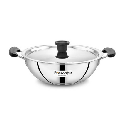 Potscape Essential Stainless Steel Kadai with Lid 20 cm Capacity 1.7 Ltr 22 Gauge