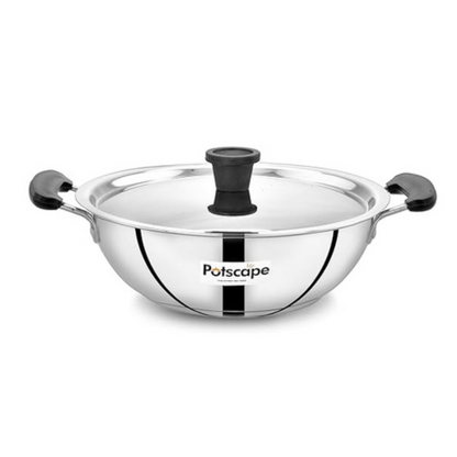Potscape Essential Stainless Steel Kadai with Lid 22 cm Capacity 2 Ltr 22 Gauge