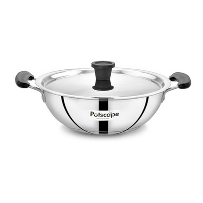 Potscape Essential Stainless Steel Kadai with Lid 24 cm Capacity 2.5 Ltr 22 Gauge