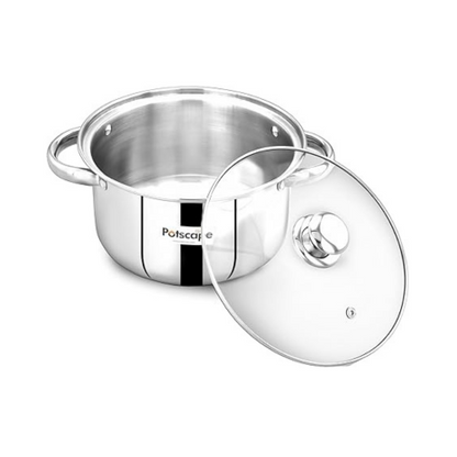 Potscape Pride Stock Pot 24 cm Capacity 4.9 Ltr Stainless Steel Tri-Ply Base with Glass Lid