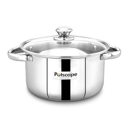 Potscape Pride Stock Pot 24 cm Capacity 4.9 Ltr Stainless Steel Tri-Ply Base with Glass Lid