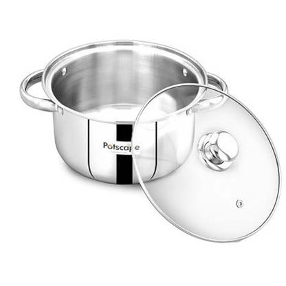 Potscape Pride Stock Pot 22 cm Capacity 3.5 Ltr Stainless Steel Tri-Ply Base with Glass Lid