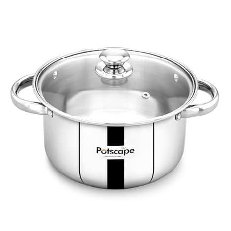 Potscape Pride Stock Pot 22 cm Capacity 3.5 Ltr Stainless Steel Tri-Ply Base with Glass Lid