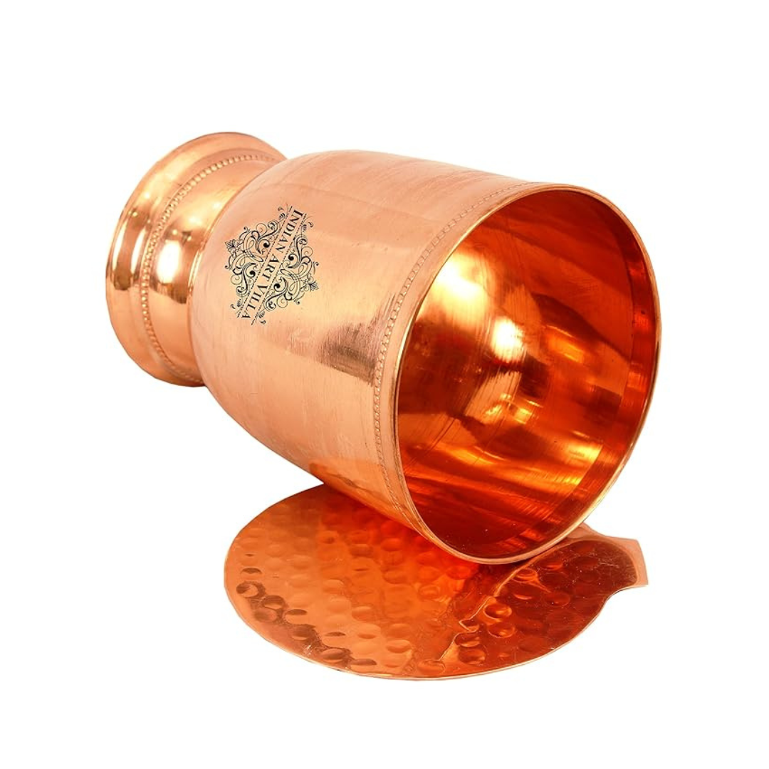Indian Art Villa 4.0" X 2.7" Pure Copper Wine Glass Tumbler Cup With Bottom & 1 Copper Coaster | 450 ml Capacity