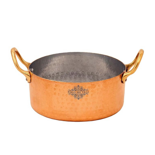 Indian Art Villa Copper Round Dish Pot with Inside Tin Lining & Brass Handle Diameter | 4.3 Inches
