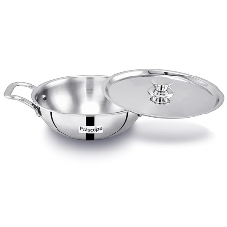 Potscape Triply Kadai with Lid, 28 cm Capacity 4.2 LtrLess Food Burns