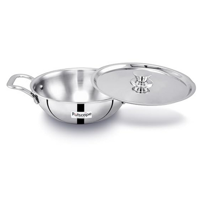 Potscape Triply Kadai with Lid 26 cm Capacity 3.2 Ltr Less Food Burns