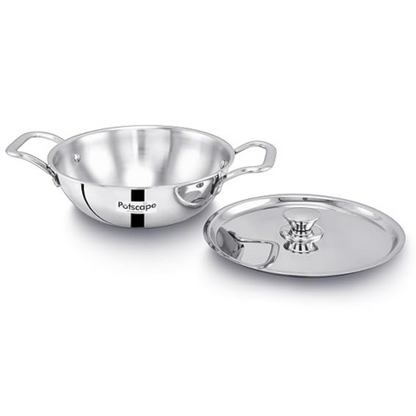 Potscape Triply Kadai with Lid 26 cm Capacity 3.2 Ltr Less Food Burns