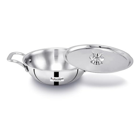 Potscape Triply Kadai with Lid, 24 cm Capacity 2.7 Ltr Less Food Burns