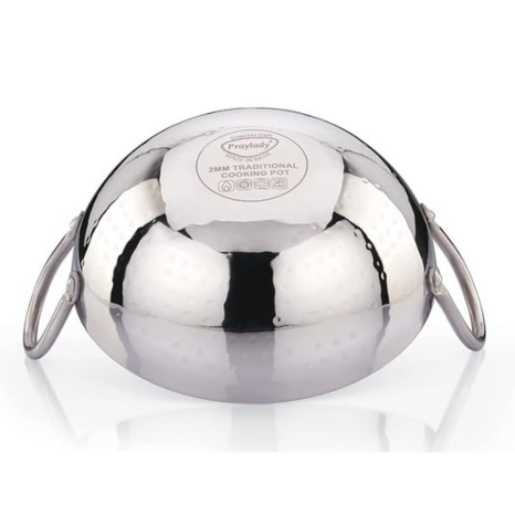 Praylady Stainless Steel Kadai with Handle Traditional Series 2mm Capacity 1.5 Litre Silver