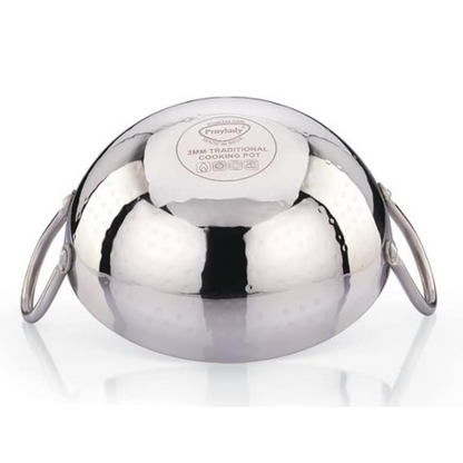 Praylady Stainless Steel Kadai with Handle Traditional Series 2mm Capacity 1.5 Litre Silver