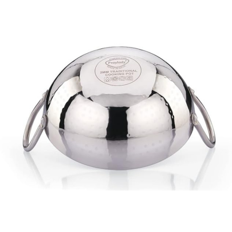 Praylady Stainless Steel Kadai with Handle Traditional Series 2mm Capacity 2 Litre Silver