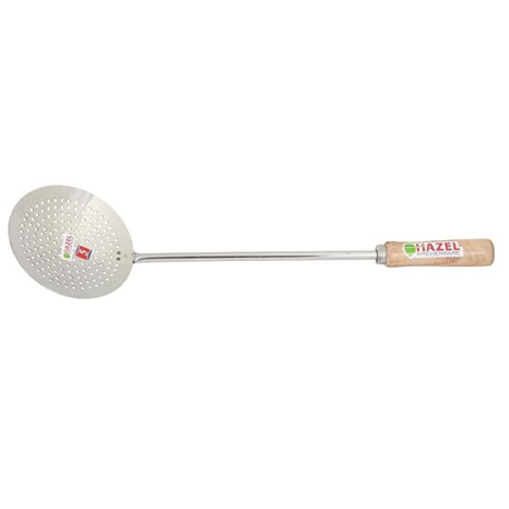 Hazel Steel Frying Jhara with Wooden Handle (46 cm) Silver
