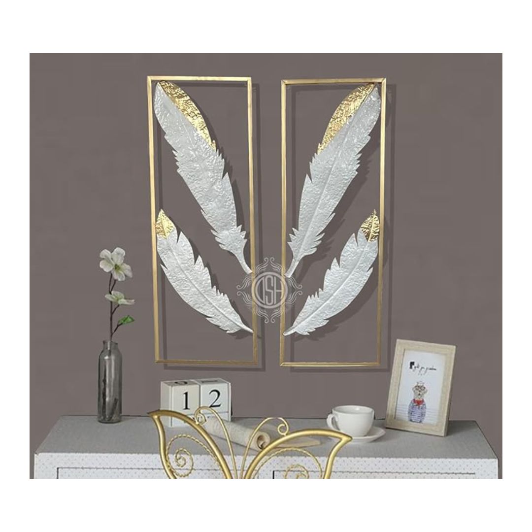 DSH Crafting Your Curiosity Wall Decor Metal Wall Art Gold White Feather Wall Hanging Sculpture