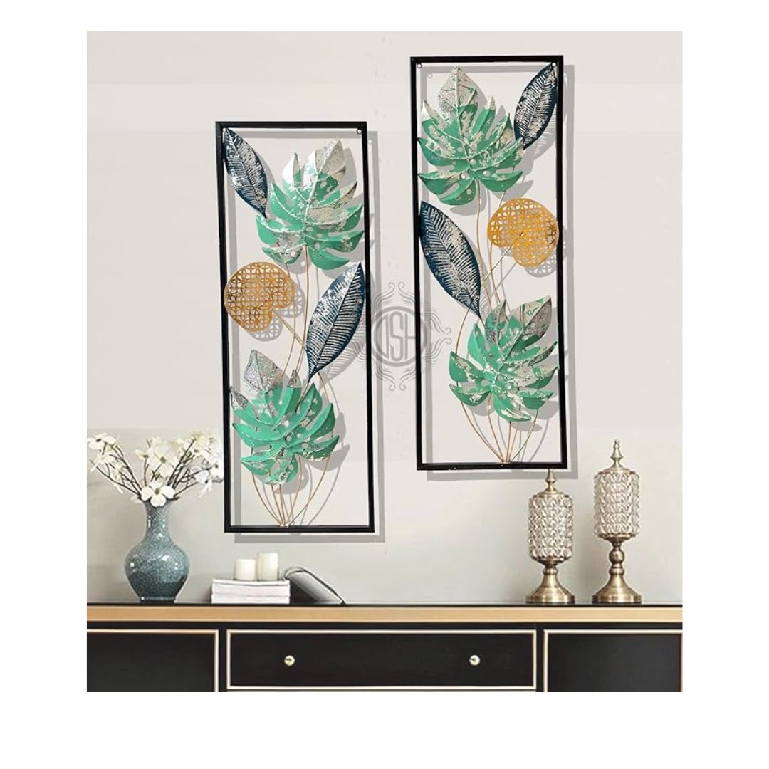 DSH Crafting Your Curiosity Metal Wall Art Wall Sculpture Wall Decor Set of-2 Multicolour Green Leaf