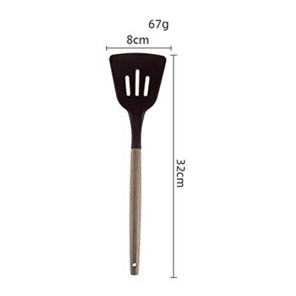 P-Plus International Silicone Slotted Spatula High Heat Resistant Food Wooden Handle Black