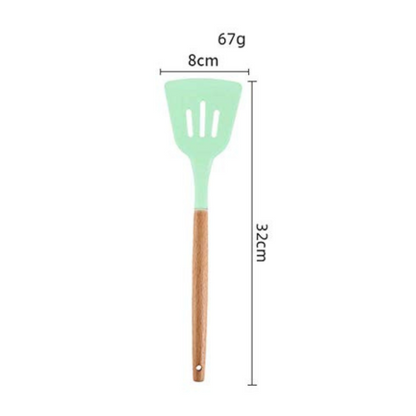 P-Plus International Silicone Slotted Spatula High Heat Resistant to 480°F Food Turner Wooden Handle Green