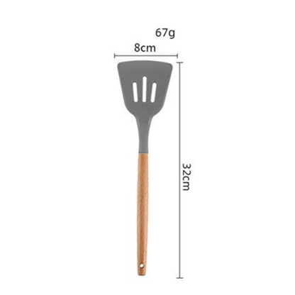 P-Plus International Silicone Slotted Spatula High Heat Resistant to 480°F Food Wooden Handle Grey
