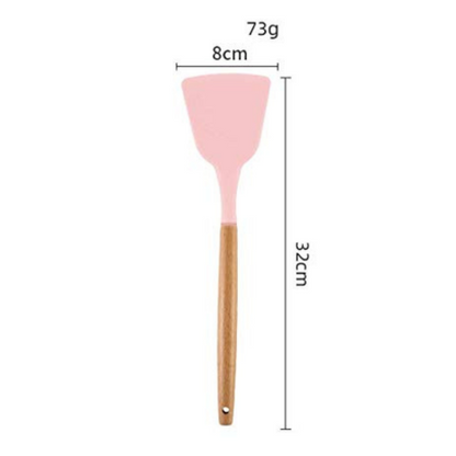 P-Plus International Silicone Spatula Wooden Handle Flexible & Heat Resistant Rubber Non Stick Pink