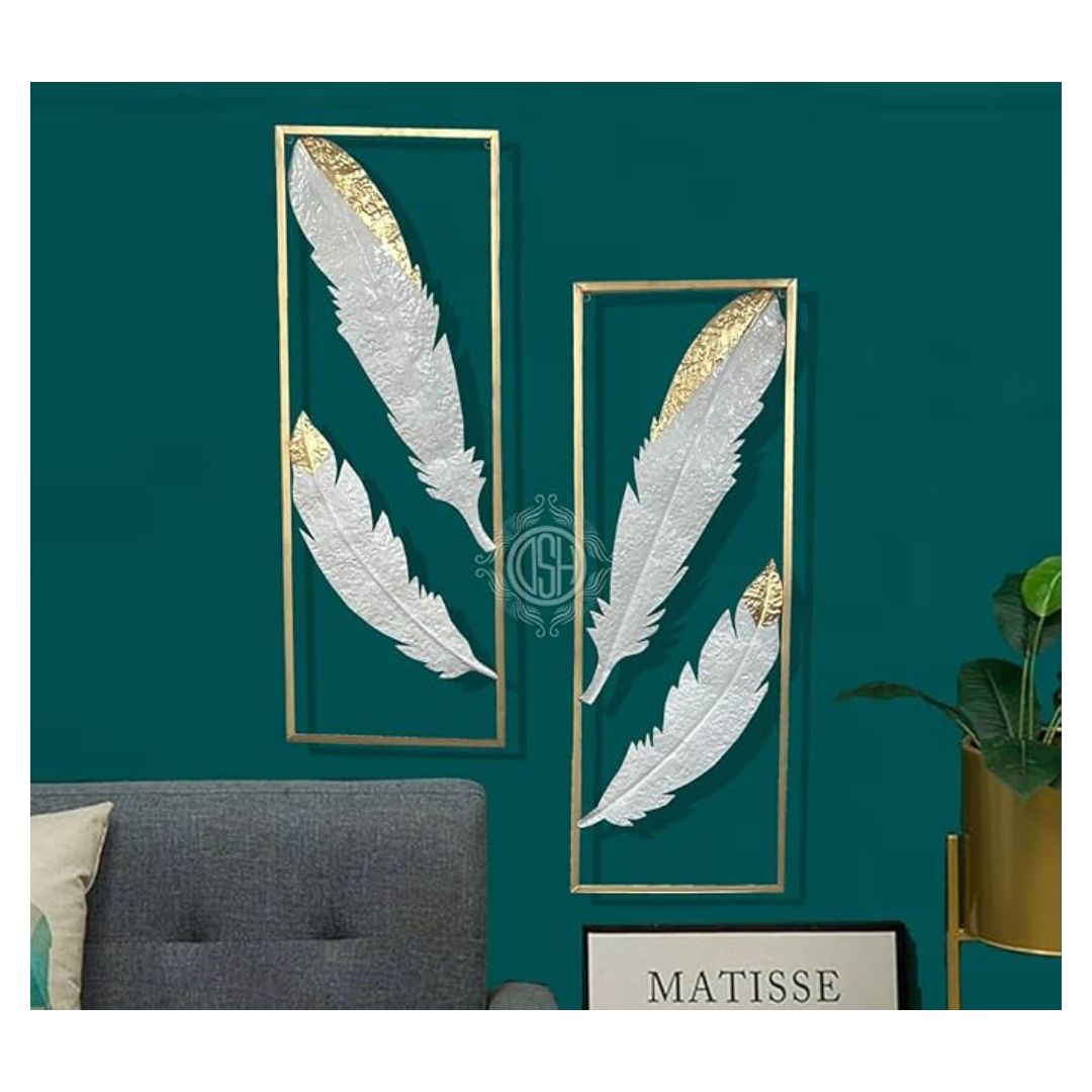DSH Crafting Your Curiosity Wall Decor Metal Wall Art Gold White Feather Wall Hanging Sculpture