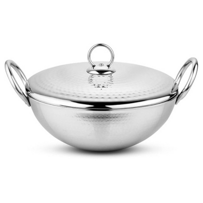 Prabha Stainless Steel Heavy Gauge Hammered Finish Kadhai with Lid Capacity 3.4 L Size 280 mm