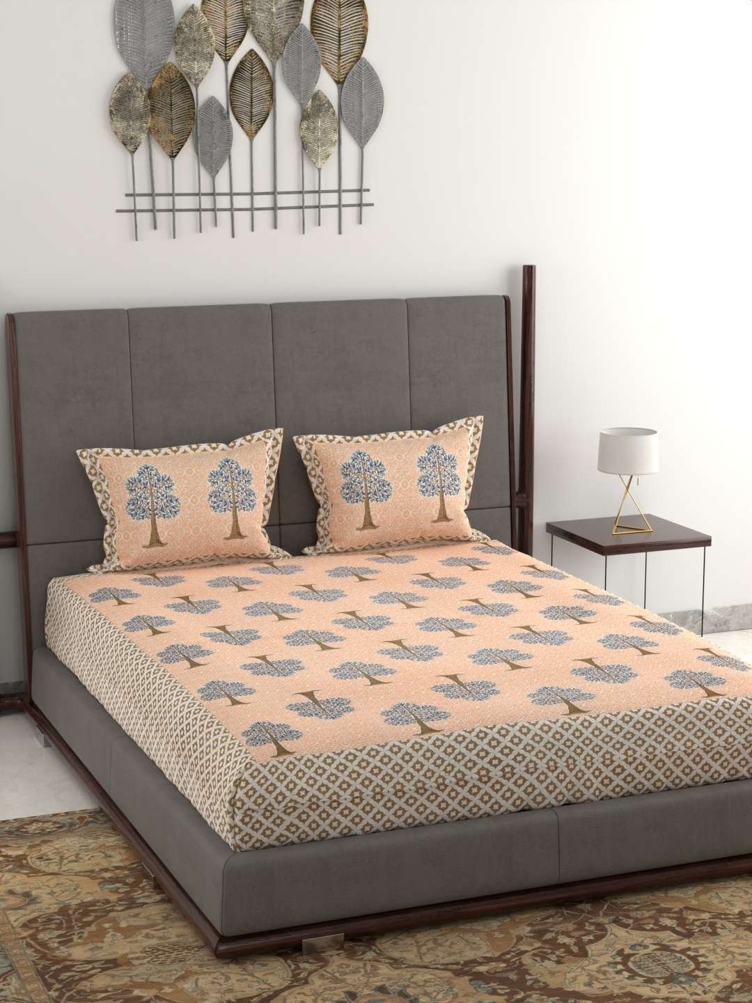 100% Pure Cotton Traditional Printed Bedsheet for Double Bed King Size Bedsheet with 2 Pillow Covers