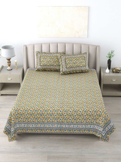 100% Pure Cotton Traditional Printed Bedsheet for Double Bed King Size Bedsheet with 2 Pillow Covers