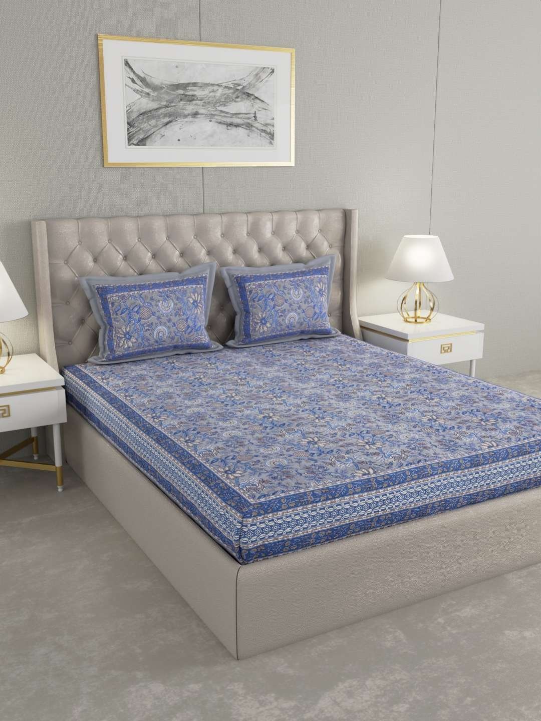 100% Pure Cotton Traditional Printed Bedsheet for Double Bed King Size Bedsheet with 2 Pillow Covers