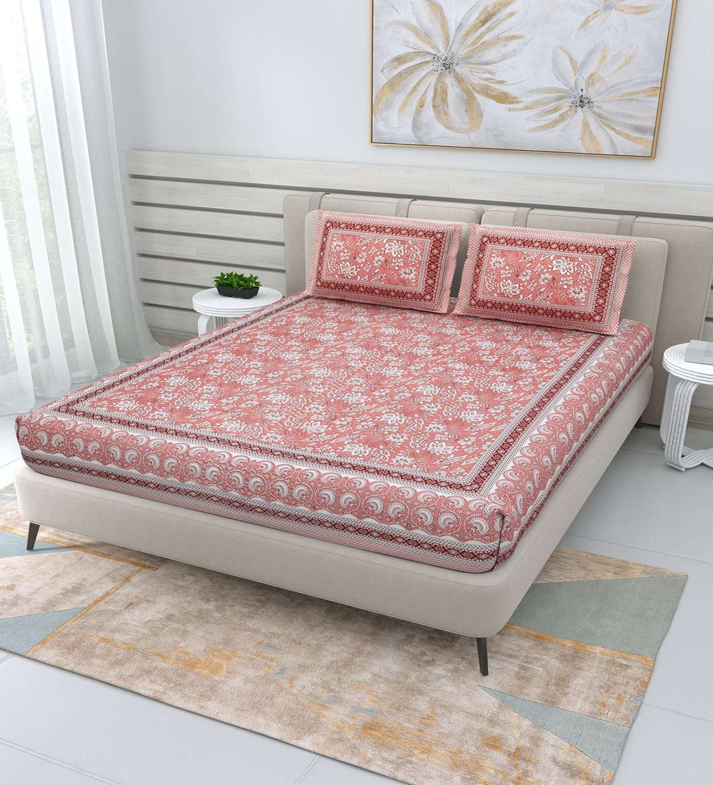 100% Pure Cotton Traditional Printed Bedsheet for Double Bed King Size Bedsheet with 2 Pillow Covers
