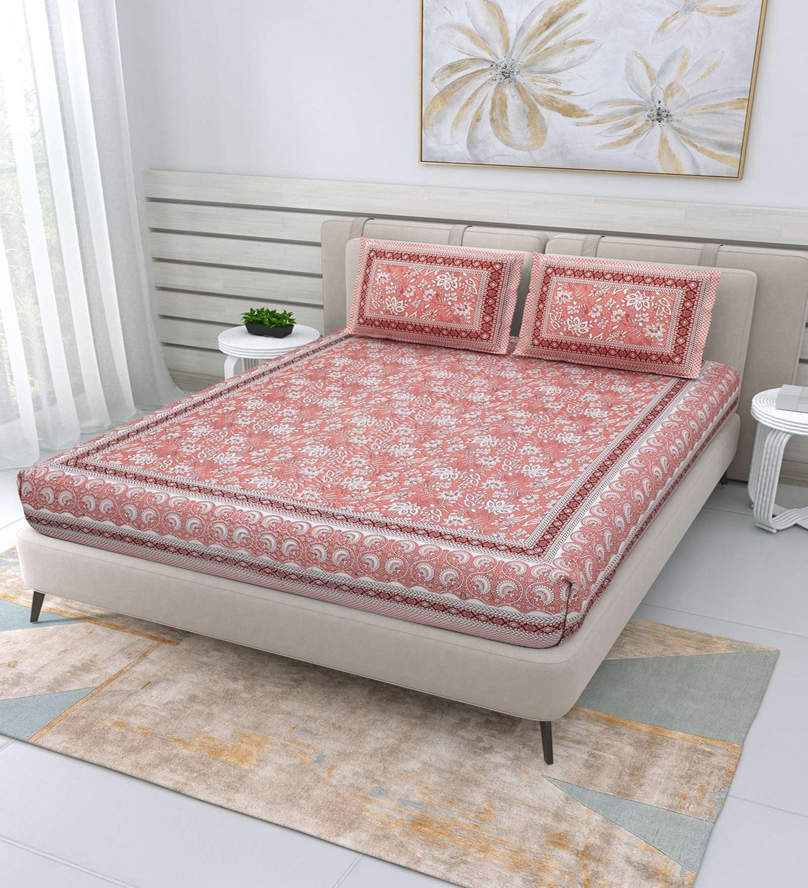 100% Pure Cotton Traditional Printed Bedsheet for Double Bed King Size Bedsheet with 2 Pillow Covers