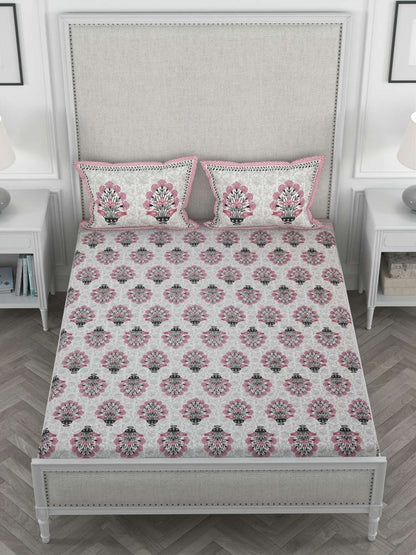 100% Pure Cotton Traditional Printed Bedsheet for Double Bed King Size Bedsheet with 2 Pillow Covers