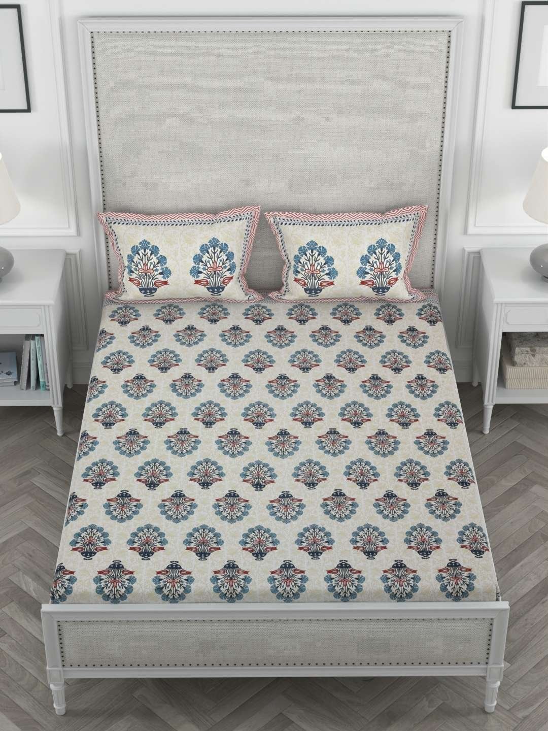 100% Pure Cotton Traditional Printed Bedsheet for Double Bed King Size Bedsheet with 2 Pillow Covers