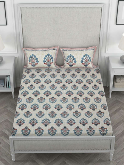 100% Pure Cotton Traditional Printed Bedsheet for Double Bed King Size Bedsheet with 2 Pillow Covers