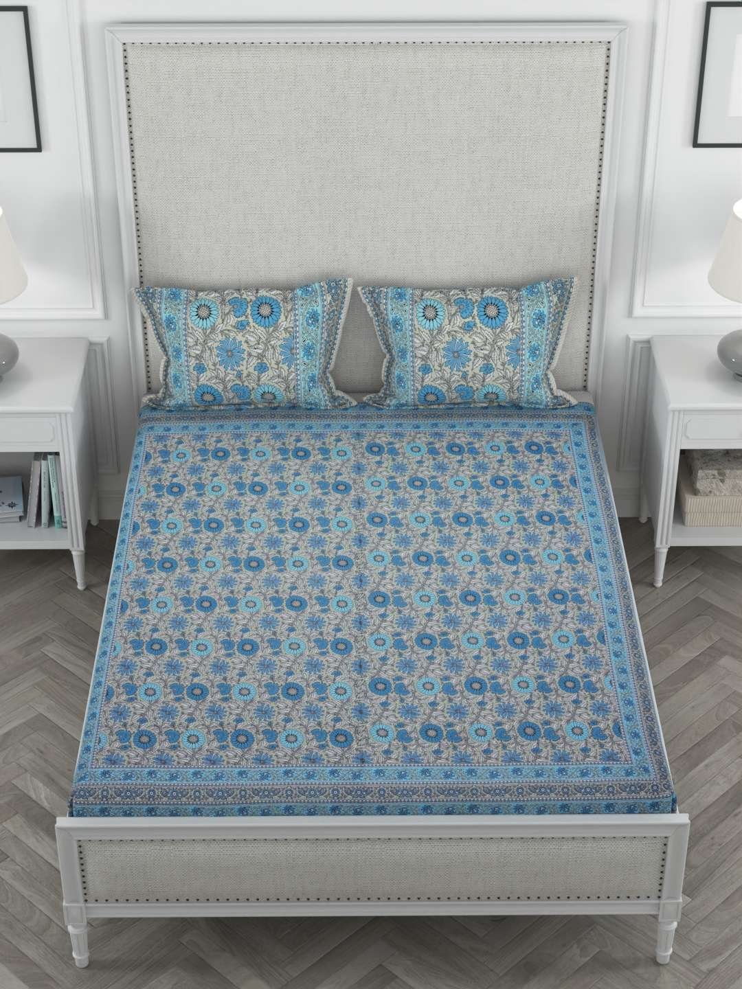 100% Pure Cotton Traditional Printed Bedsheet for Double Bed King Size Bedsheet with 2 Pillow Covers