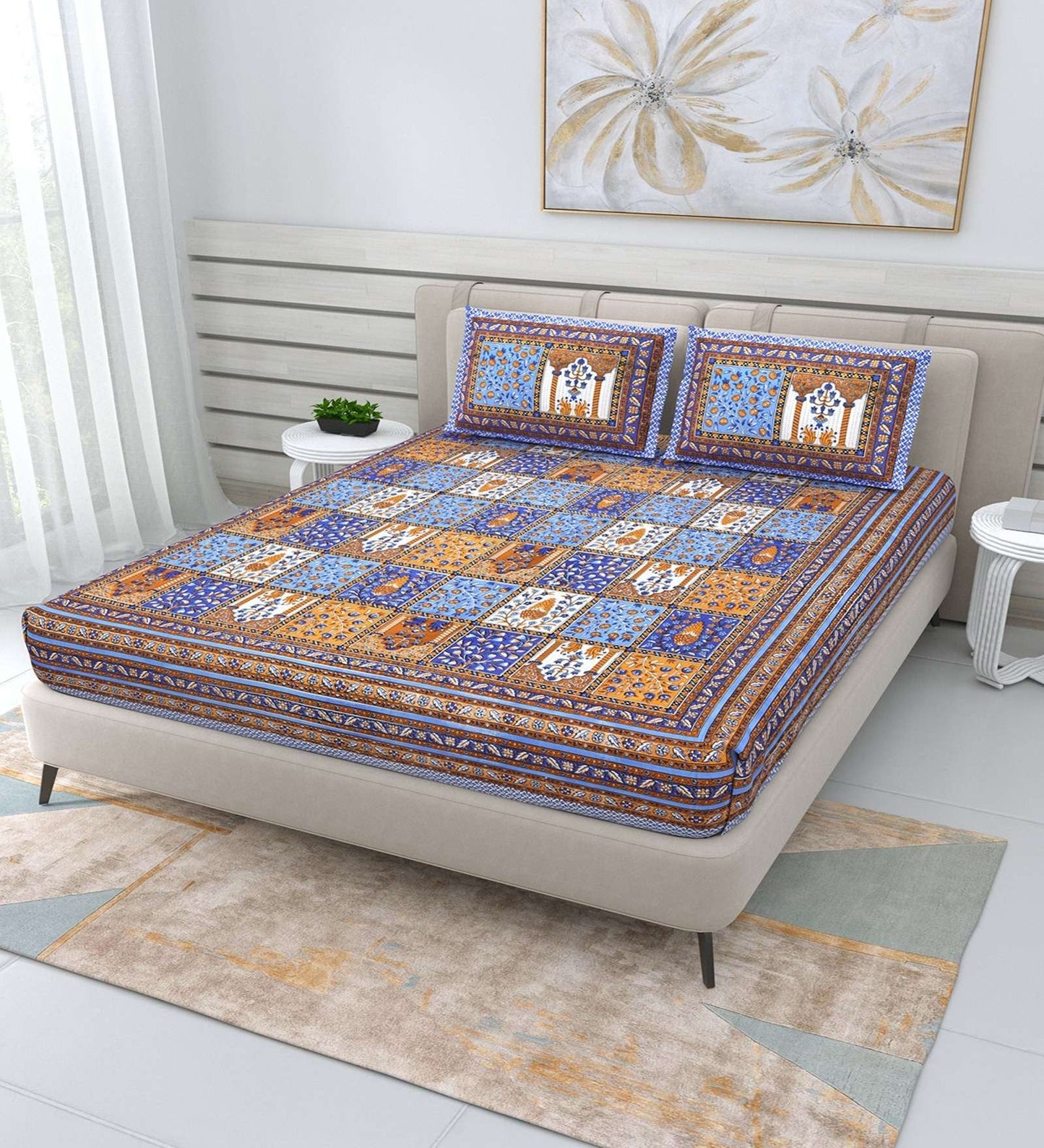 100% Pure Cotton Traditional Printed Bedsheet for Double Bed King Size Bedsheet with 2 Pillow Covers