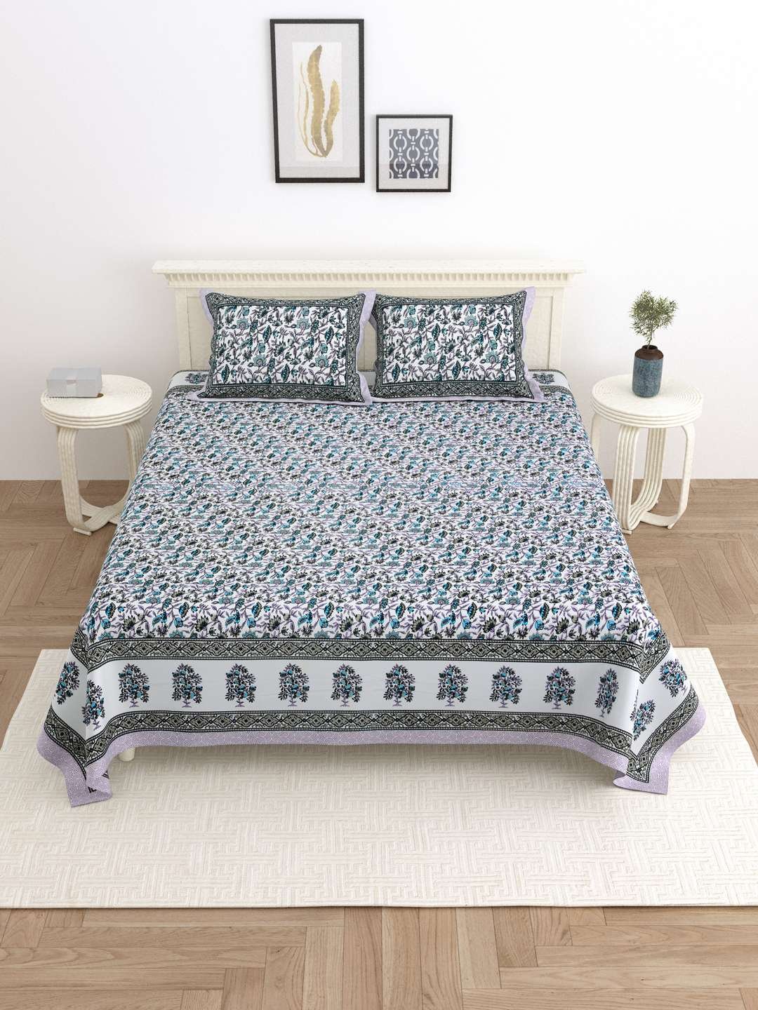 100% Pure Cotton Traditional Printed Bedsheet for Double Bed King Size Bedsheet with 2 Pillow Covers