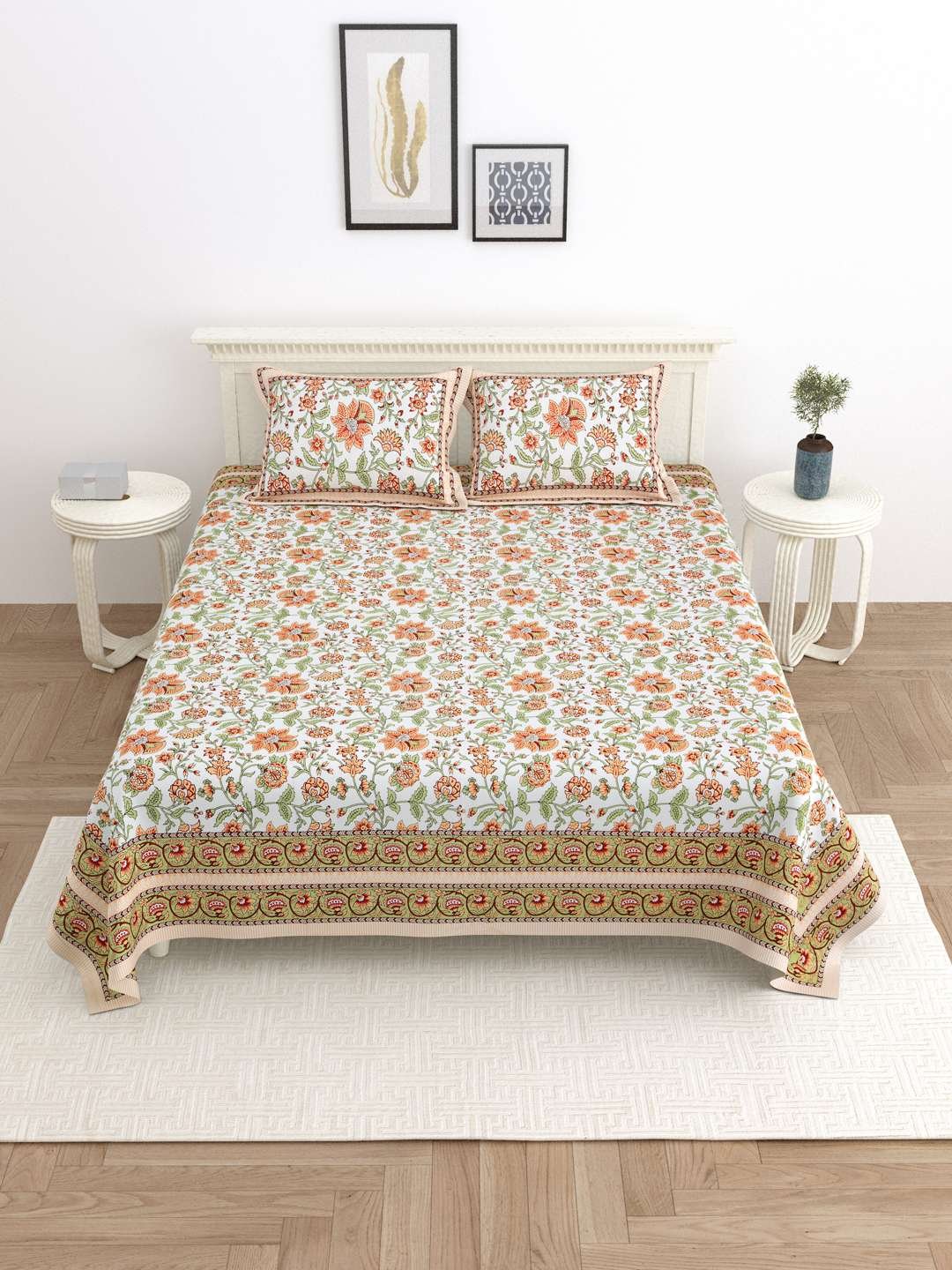 100% Pure Cotton Traditional Printed Bedsheet for Double Bed King Size Bedsheet with 2 Pillow Covers