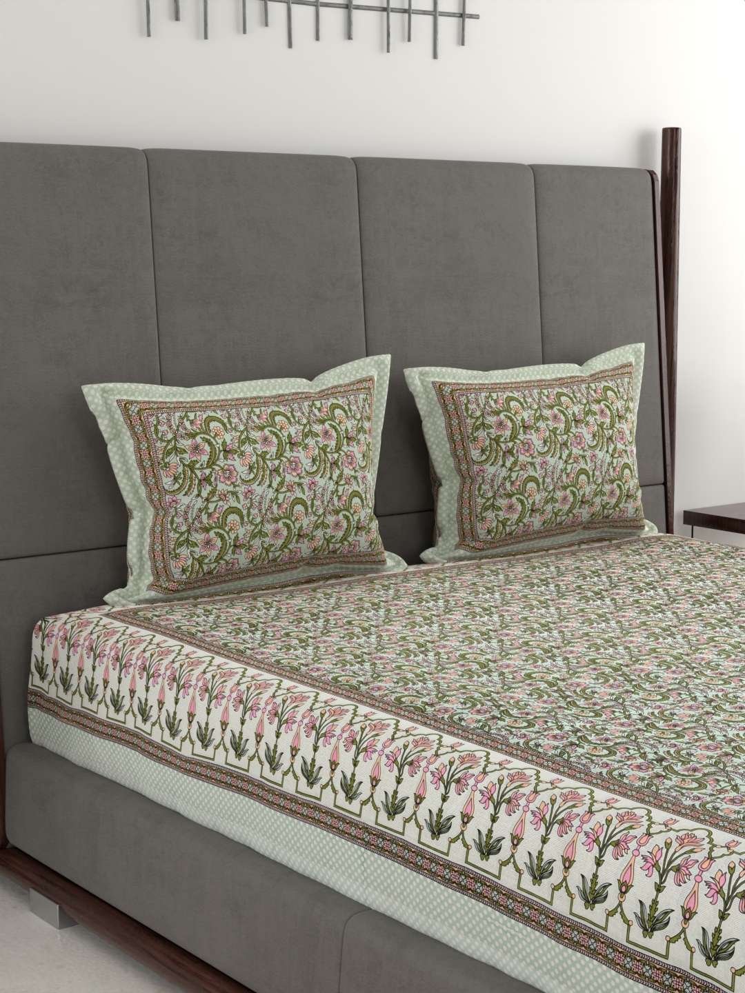 100% Pure Cotton Traditional Printed Bedsheet for Double Bed King Size Bedsheet with 2 Pillow Covers