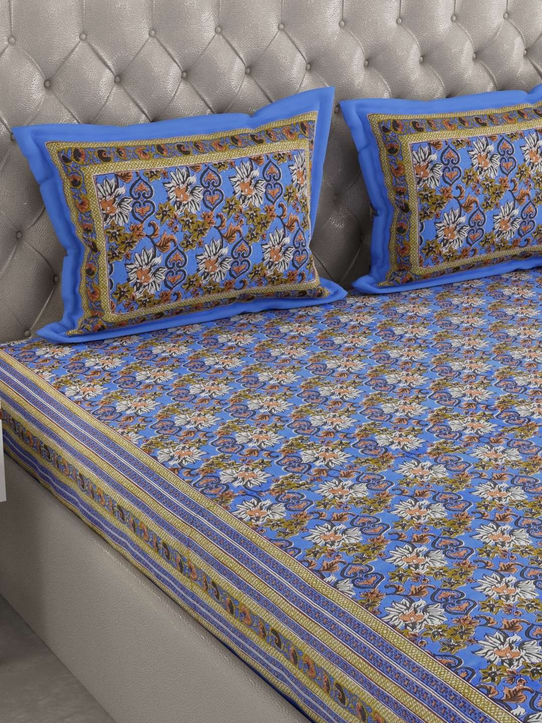 100% Pure Cotton Traditional Printed Bedsheet for Double Bed King Size Bedsheet with 2 Pillow Covers