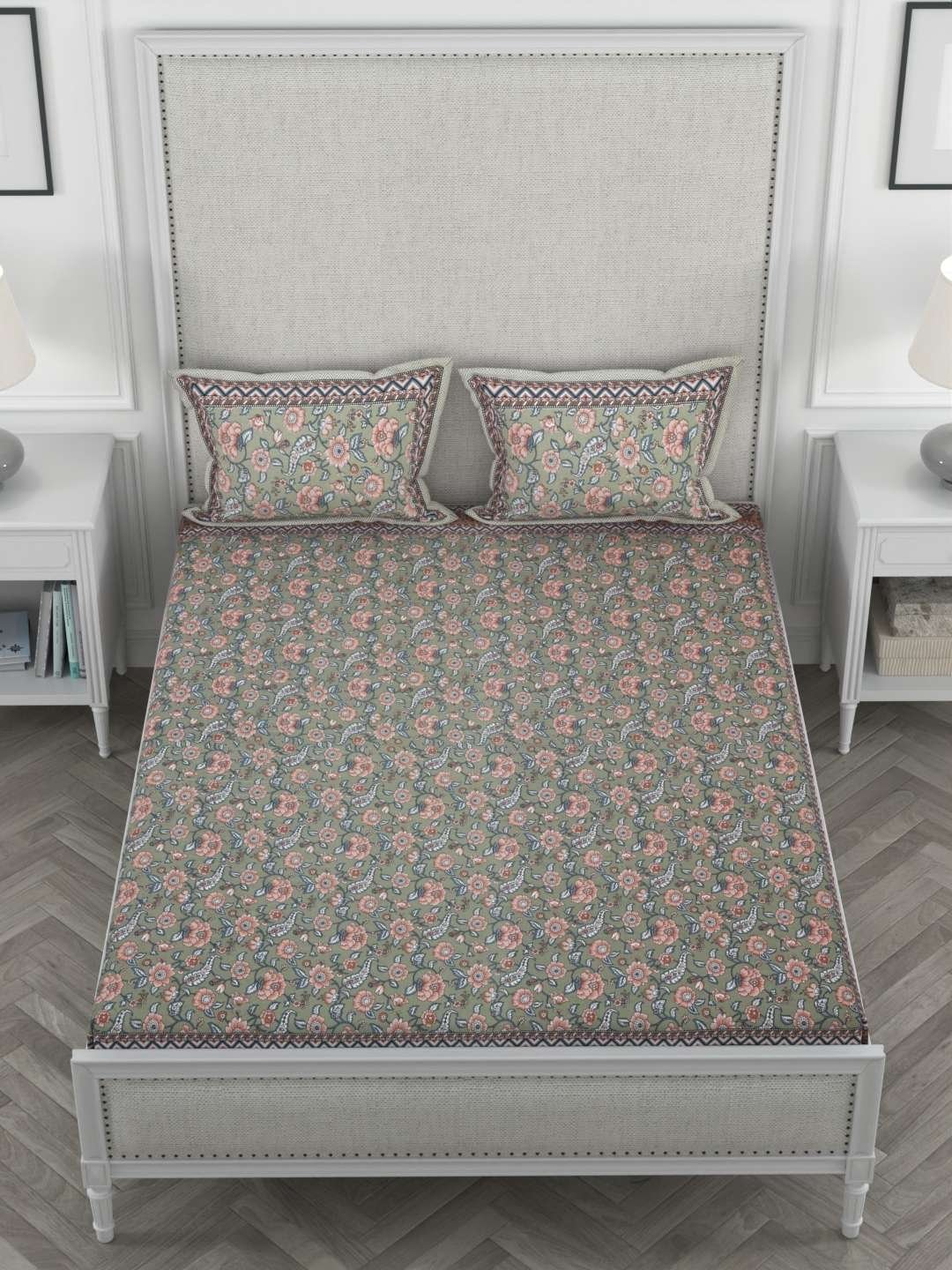 100% Pure Cotton Traditional Printed Bedsheet for Double Bed King Size Bedsheet with 2 Pillow Covers