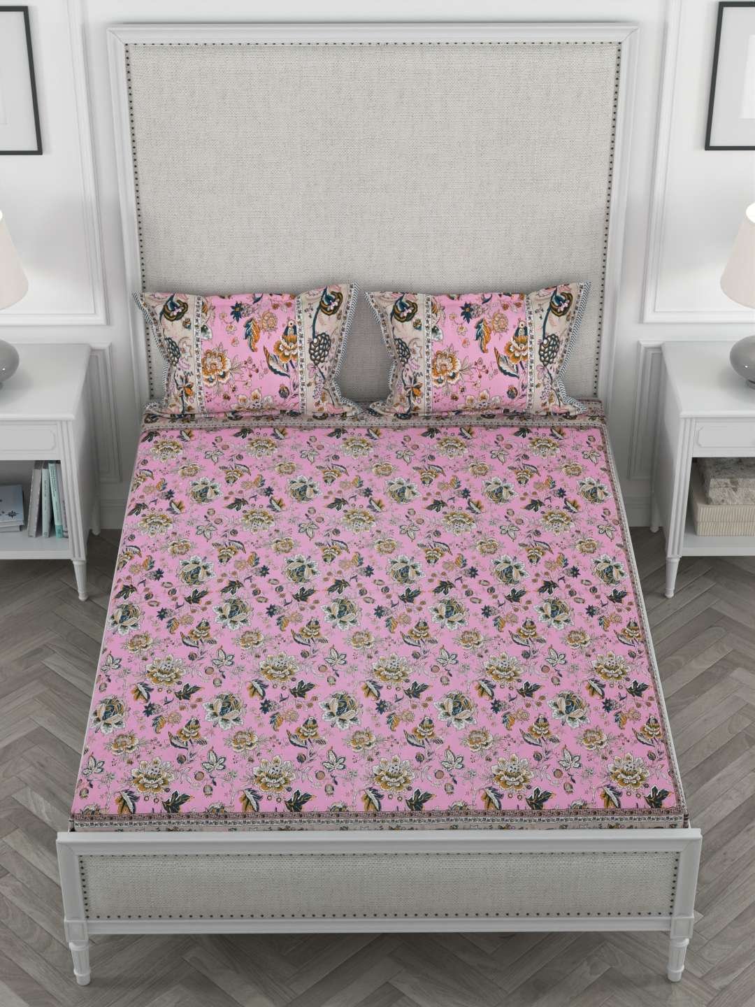 100% Pure Cotton Traditional Printed Bedsheet for Double Bed King Size Bedsheet with 2 Pillow Covers