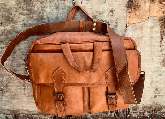 Craftshades – 11*15″ Double Pocket Handcrafted Laptop Messenger Goat Leather Bag | 100% Genuine Leather