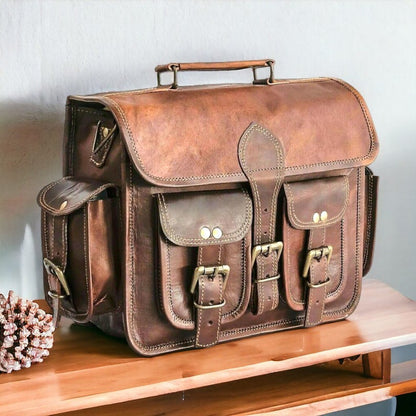 Craftshades – 11*15 Inch Double Pocket Handcrafted Vintage Messenger Goat Leather Bag For Men | 100% Genuine Leather
