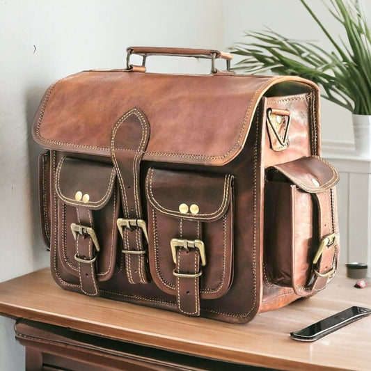 Craftshades – 11*15 Inch Double Pocket Handcrafted Vintage Messenger Goat Leather Bag For Men | 100% Genuine Leather
