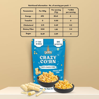 White Choco Skippi (2 Packs) Crispy Crazy Corn Kernels , Freeze Dried Sweet Corn in Pack of 2